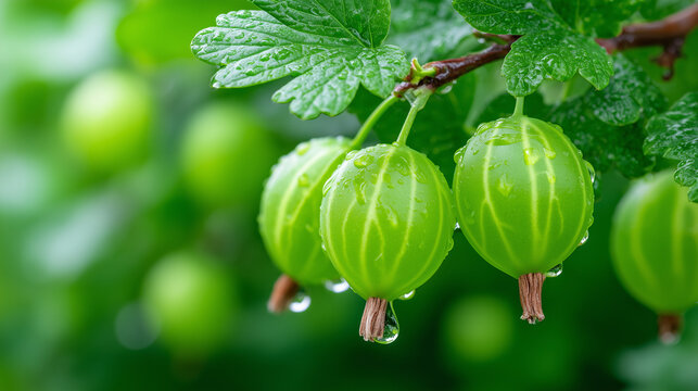 close-up of fresh green gooseberries with water droplets on leaves, perfect for organic food blogs, gardening magazines, nature-inspired backgrounds, eco product packaging and herbal health-themed