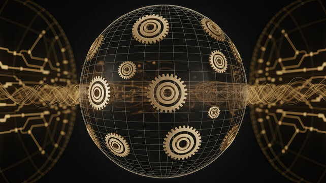 Modern technology network with golden gears connecting circuits represents data transfer, automation, and innovative technological solutions for your business - Powered by Adobe