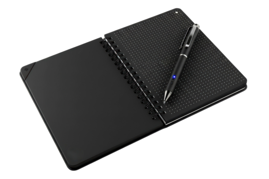Open black notebook with dotted pages and generic stylus pen isolated on a transparent background