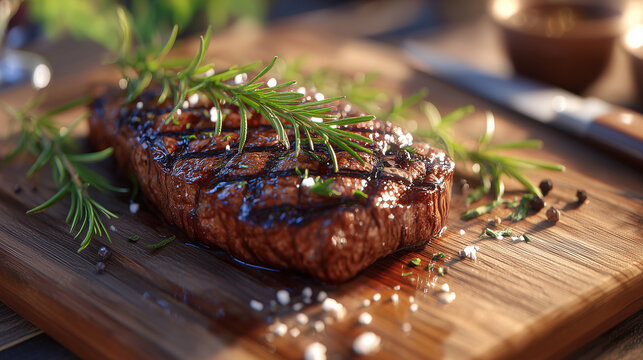 grilled beef steak with rosemary and coarse salt on wooden cutting board in warm natural light creating a high-detail gourmet cooking scene for recipe design food blogs and restaurant advertising - Powered by Adobe