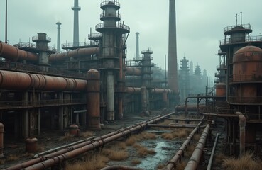 Desolate industrial area features many rusted pipes, tall towers, chimneys under gloomy sky. Old factory buildings stand with dry grass, wet ground. Chemical plant infrastructure shows decay,