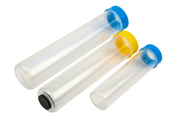 Set of plastic laboratory test tubes with colorful caps isolated on a transparent background
