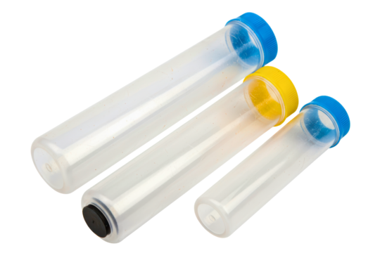 Set of plastic laboratory test tubes with colorful caps isolated on a transparent background