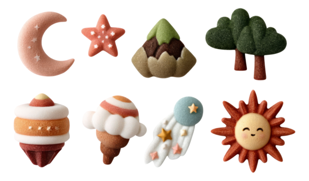 Playful Celestial Clay Creations for Isolated Transparent Background Design