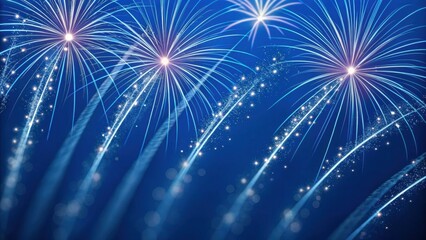 Fototapeta premium Bright, colorful fireworks burst in the night sky, illuminating a deep blue backdrop with sparkling trails and vibrant explosions.