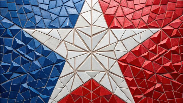A vibrant mosaic design featuring a central white star surrounded by red and blue segments, embodying a bold and artistic representation. - Powered by Adobe