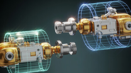 Futuristic engine design with metallic gold and silver elements encased in glowing wireframe, showcasing innovation and advanced technology, perfect for engineering concepts