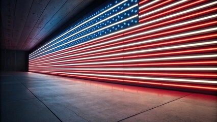 A vibrant, illuminated rendition of the American flag, featuring red, white, and blue stripes, creates a striking visual against a modern, minimalistic background.