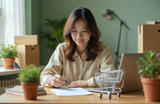 Young Asian woman works at desk, sorting orders. Laptop, boxes, plants surround her. She uses pen on paper, managing small business tasks. Preparing product shipments efficiently at home office.