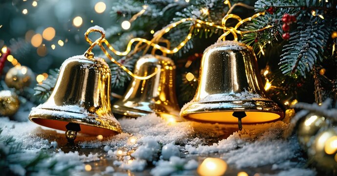Golden bells covered snow, festive lights, winter scene. Holiday decorations create warm, cozy atmosphere. Bright bokeh effect visible.