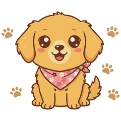 Fototapeta premium A charming cartoon puppy, radiating warmth with its delightful demeanor, is surrounded by paw prints