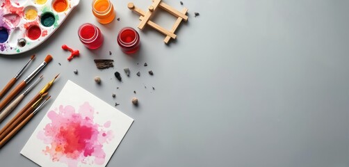 Flat lay of art supplies on grey background. Paint brushes, colorful palette, liquid paints in jars, wooden easel, paper with pink watercolor splash show creativity. Hobby tools for drawing,