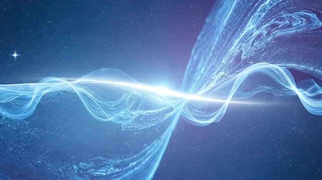 This abstract motion graphic features elegant, flowing blue and cyan light forms gracefully moving across a dark, particulate background, creating a mesmerizing visual spectacle. A bright, central bea