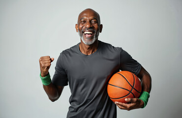 Happy senior man with a gray beard holds a basketball. Smiling elderly African American athlete celebrates a win. He wears a gray shirt wristband.