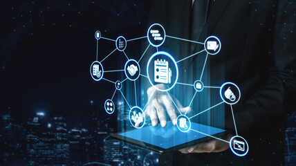 Concept of task management optimizes business efficiency. This system streamlines workflows,...