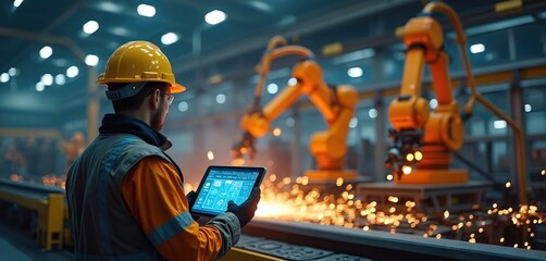 Engineer in yellow hard hat monitors smart factory operations on digital tablet. Robotic arms weld metal, creating bright sparks in manufacturing plant. Man controls automation process, modern