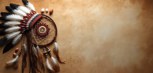 Native American headdress and dreamcatcher rest on textured background. Symbolic cultural items represent indigenous heritage and traditions. Features feathers beads and woven web.