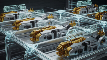 Futuristic robotic assembly line for advanced manufacturing, featuring sleek gold and silver automated components with holographic schematics for innovative tech