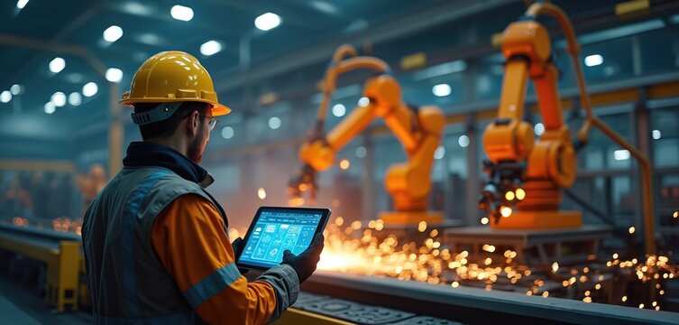 Engineer in yellow hard hat monitors smart factory operations on digital tablet. Robotic arms weld metal, creating bright sparks in manufacturing plant. Man controls automation process, modern