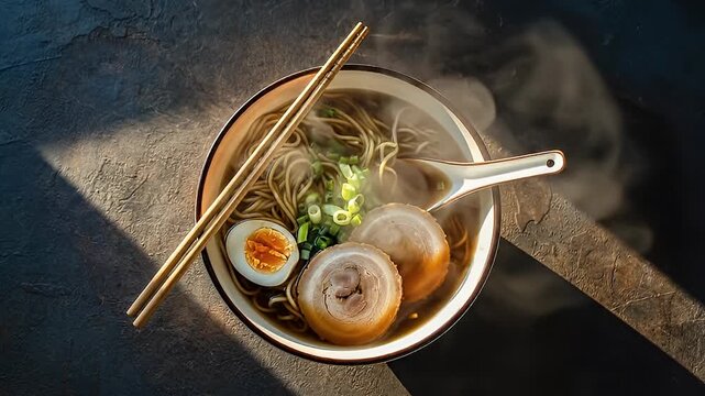 Close up sequence of steaming hot ramen bowl with chopsticks and garnishes on rustic table