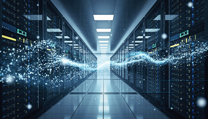 Vast amounts of data, visualized as particles of light, streaming through the aisles of a large server farm.