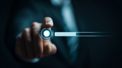 Futuristic interface loading with finger touching digital button, perfect for modern technology and innovation concepts