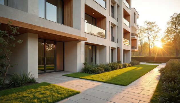 Modern apartment building exterior with large windows, glass balconies. Golden sunlight shines on green grass lawns, paved path. Residential complex features sleek architecture, wood details, garden - Powered by Adobe