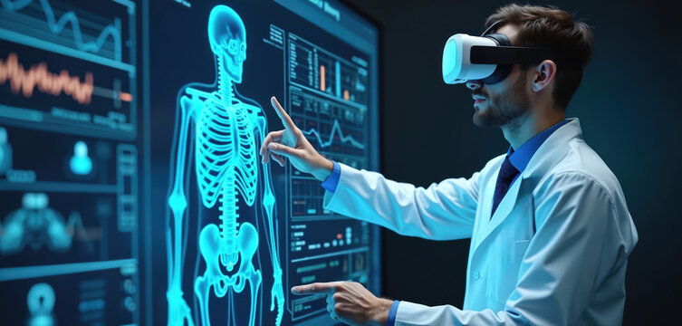 Doctor wears VR headset, works with virtual skeleton on large screen. Analyzes patient medical data, graphs, charts. Man studies human body model, examines health info in digital hospital, medical