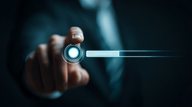 Futuristic interface loading with finger touching digital button, perfect for modern technology and innovation concepts - Powered by Adobe