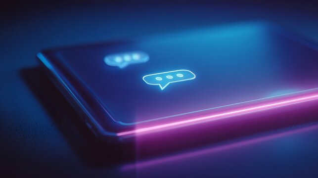 Modern neon style chat bubbles illustration for social media communications or technology business marketing campaigns, vibrant design