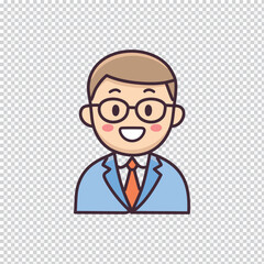 Friendly cartoon businessman with glasses and orange tie smiling happily in a professional blue suit
