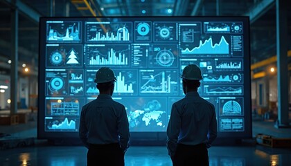 Two engineers in hard hats observe large digital screen. Display shows various tech data, charts, operational metrics for industrial processes. Monitor project performance, conduct business analysis.