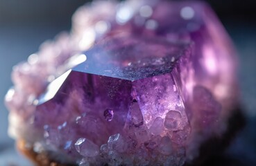 Macro shot purple amethyst crystal cluster. Natural mineral stone, raw geological specimen, violet quartz aggregate with light refractions. Gemstone surface texture.