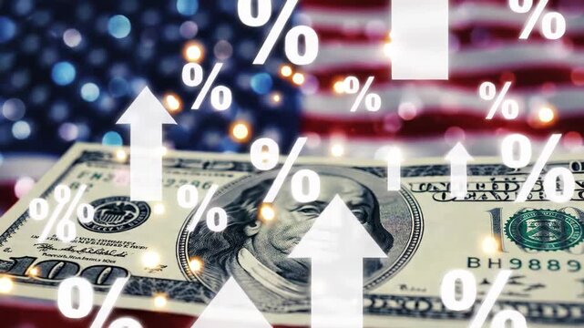 Us dollar bill with percentage symbols and upward arrow against american flag, symbolizing economic growth or rising interest rates