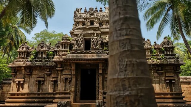 Ancient Indian Temple revealed by passing palm trees in a tropical environment