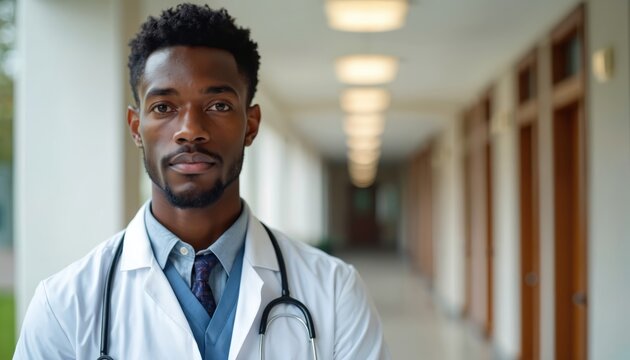 Young Black man doctor stands in hospital corridor. Wears white lab coat, blue shirt, tie, stethoscope. Med pro looks at camera with serious, confident face. Healthcare worker represents modern