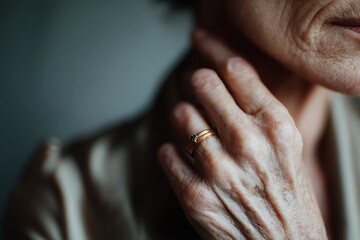 An intimate close-up of an elderly woman's hand wearing a gold ring, highlighting aging skin and personal jewelry.