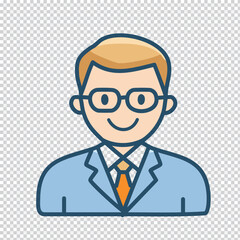 Friendly cartoon man icon wearing glasses and a suit with a tie representing a professional or businessman
