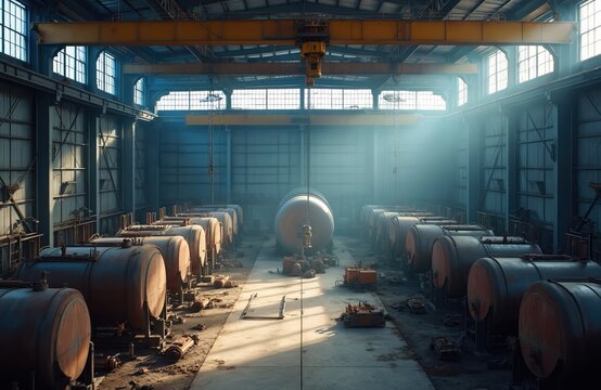 Rows of large metal tanks in industrial workshop. Overhead crane moves components. Manufacturing plant produces large containers. Heavy industry interior.