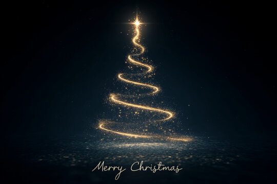 Magical falling star forming a glowing spiral Christmas tree with sparkling lights and Merry Christmas text