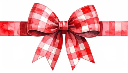 Watercolor illustration of a festive red and white gingham bow and ribbon.