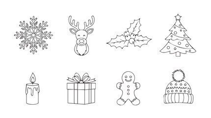 Collection of eight festive christmas holiday icons and symbols in a charming hand drawn sketch silhouette style