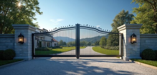 Elaborate black metal estate gate stands open leading to mansion grounds. Stone pillars with lanterns flank entryway under bright sunny sky. Green trees and rolling hills form scenic backdrop.