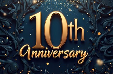 Golden 10th anniversary text with ornate dark blue flourishes and scattered gold glitter. Elegant festive graphic for invitations, cards, or event decor.