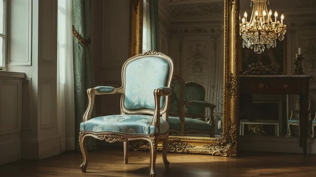 A sophisticated vintage interior scene featuring an ornate chandelier, elegant upholstered armchair, and a decorative mirror in a luxurious setting