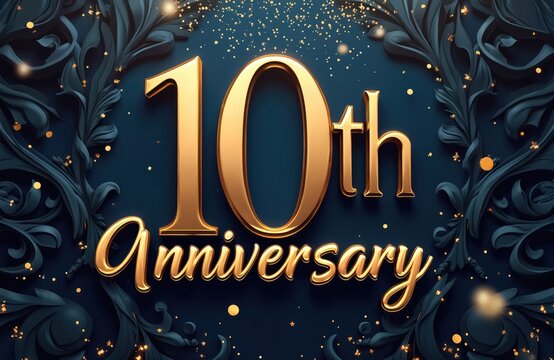 Golden 10th anniversary text with ornate dark blue flourishes and scattered gold glitter. Elegant festive graphic for invitations, cards, or event decor.