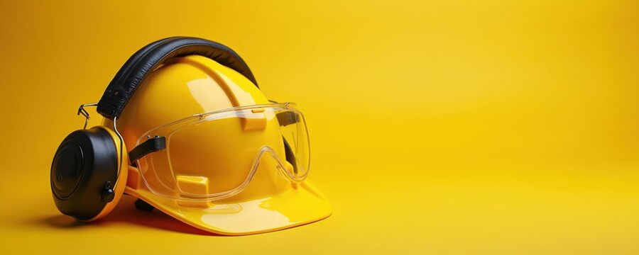 Yellow hard hat, safety glasses, ear protectors sit together. Personal protective equipment ensures worker protection on job sites. Tools represent construction, industrial work safety, health.