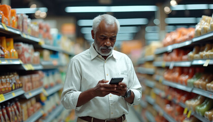 An older African American man shops in a grocery store using his phone. He browses items in the aisle looking at screen. This photo relates to tech retail and modern consumer lifestyle.