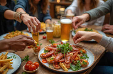 Friends gather at brewery restaurant enjoying meal. They eating appetizers drinking beer. Group celebrating together. People sharing food drinking at the table. Lifestyle of party dinner.