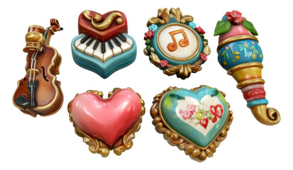 3D Stylized Illustrations of Musical Tokens and Decorative Hearts on Transparent Background